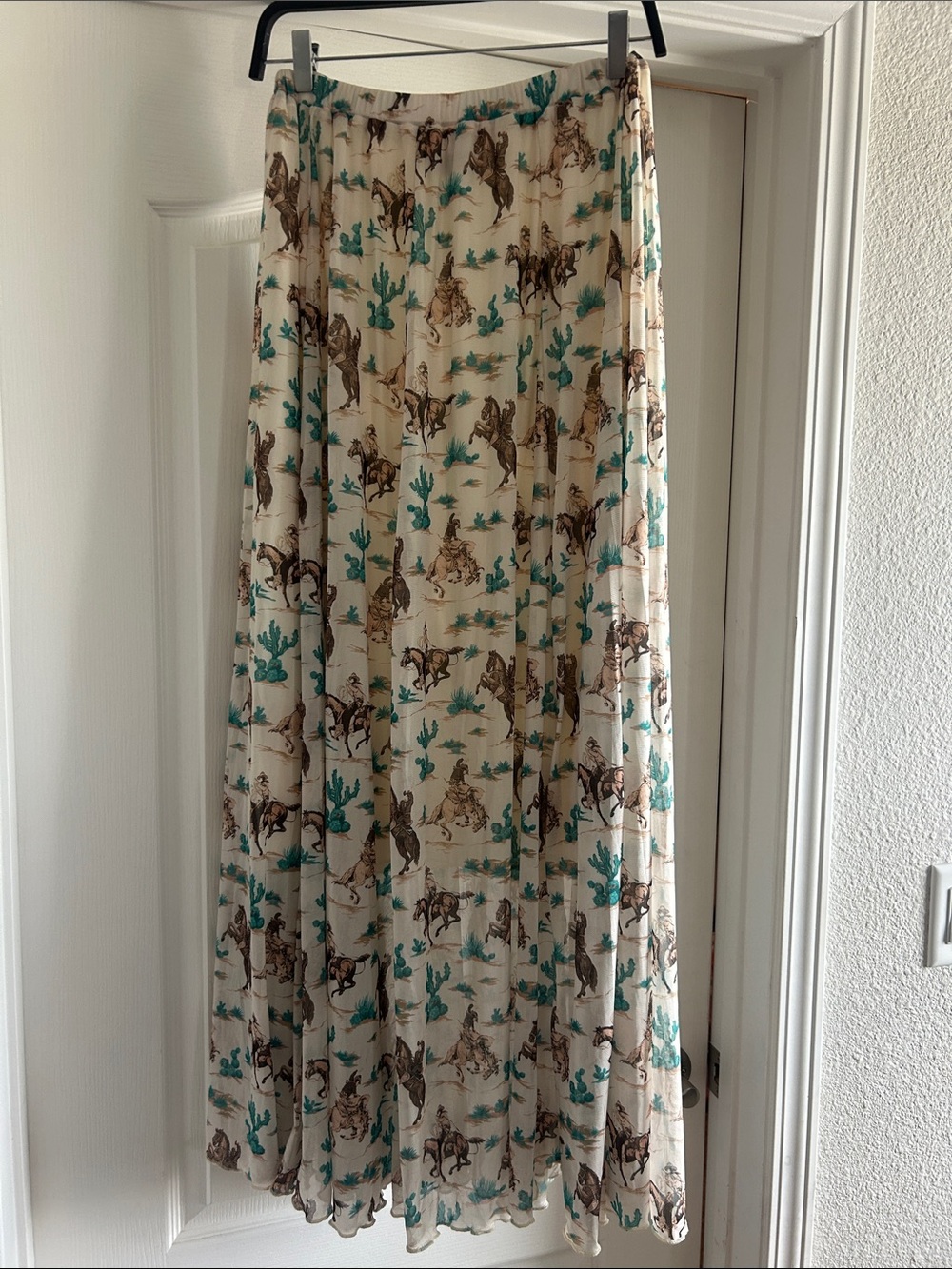 Cream Western-Print Maxi Skirt with Teal Accents
